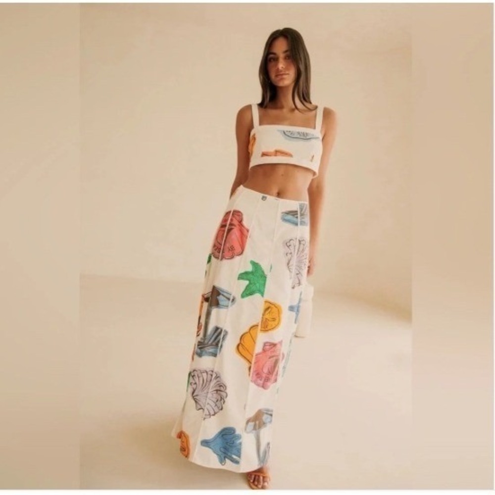 NWT SABO Audrey By The Sea Skirt Women White Multicolor Nautical Shell Maxi XS